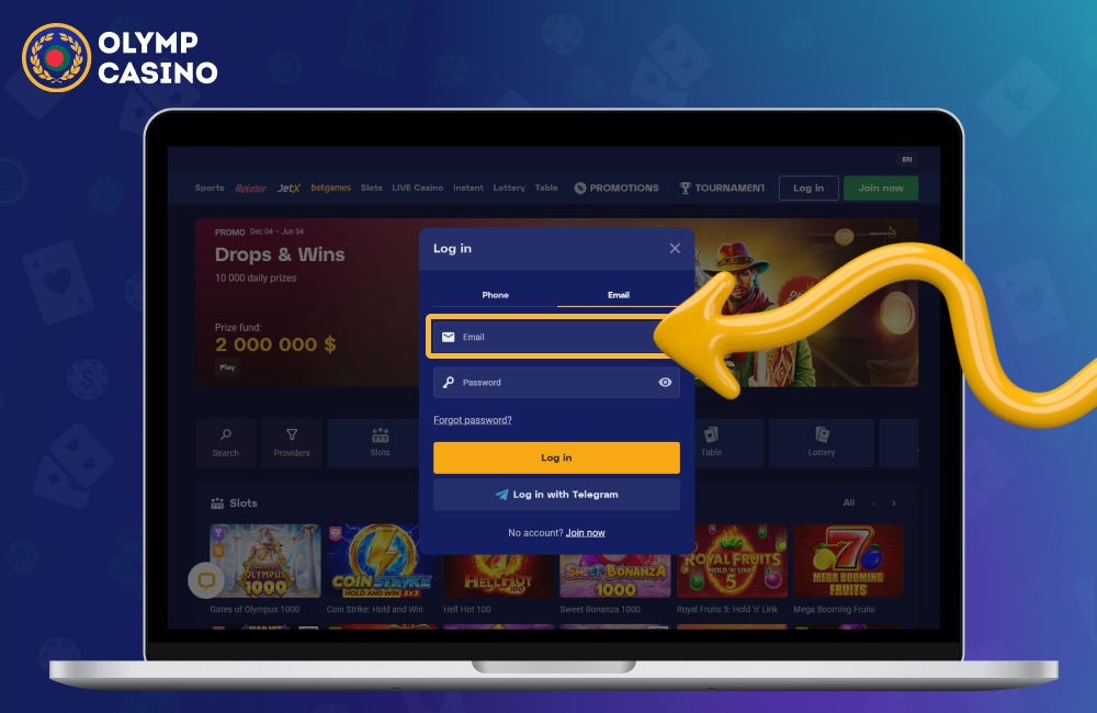 Enter your email address to log in to your Olimp Casino Bangladesh account