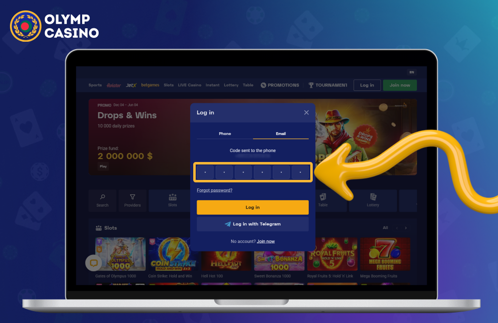 Complete two-factor authentication to log in to your Olymp Casino Bangladesh account