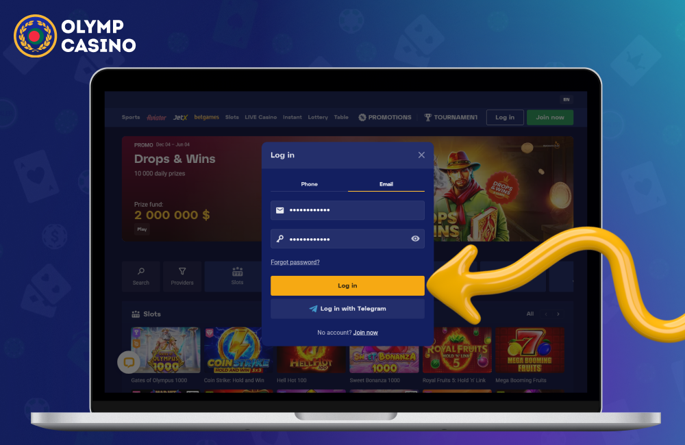 Submit the form to log in to your Olymp Casino Bangladesh account and start playing at the casino