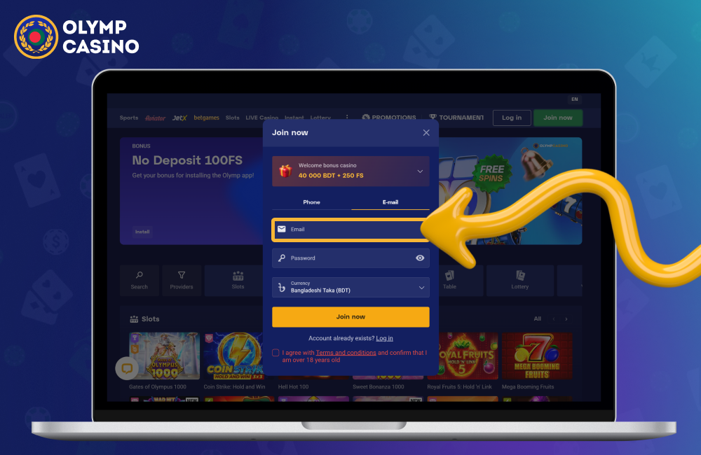 Enter your email to create an account at Olymp Casino Bangladesh