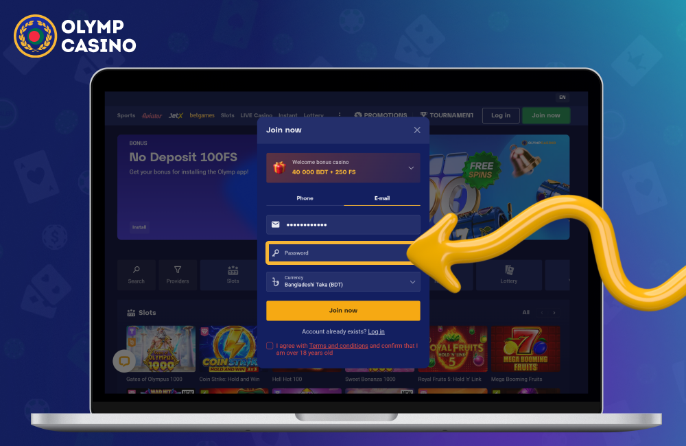 Create a password to create an account on Olymp Casino Bangladesh