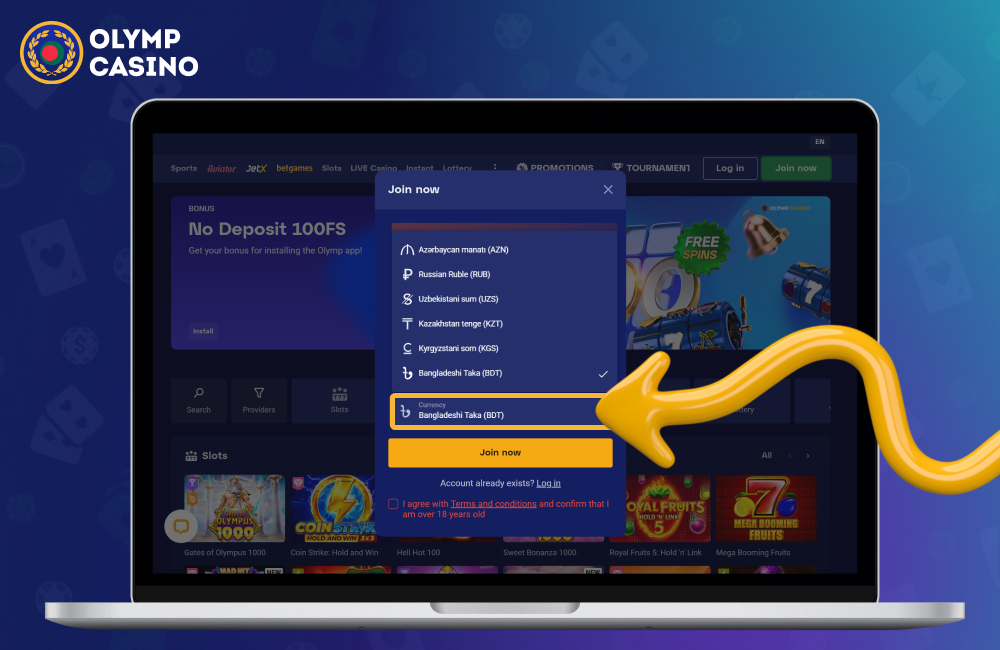 Select currency to create an account at Olymp Casino Bangladesh