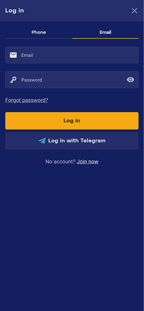 Screenshot of login to account in Olymp Casino Bangladesh mobile app