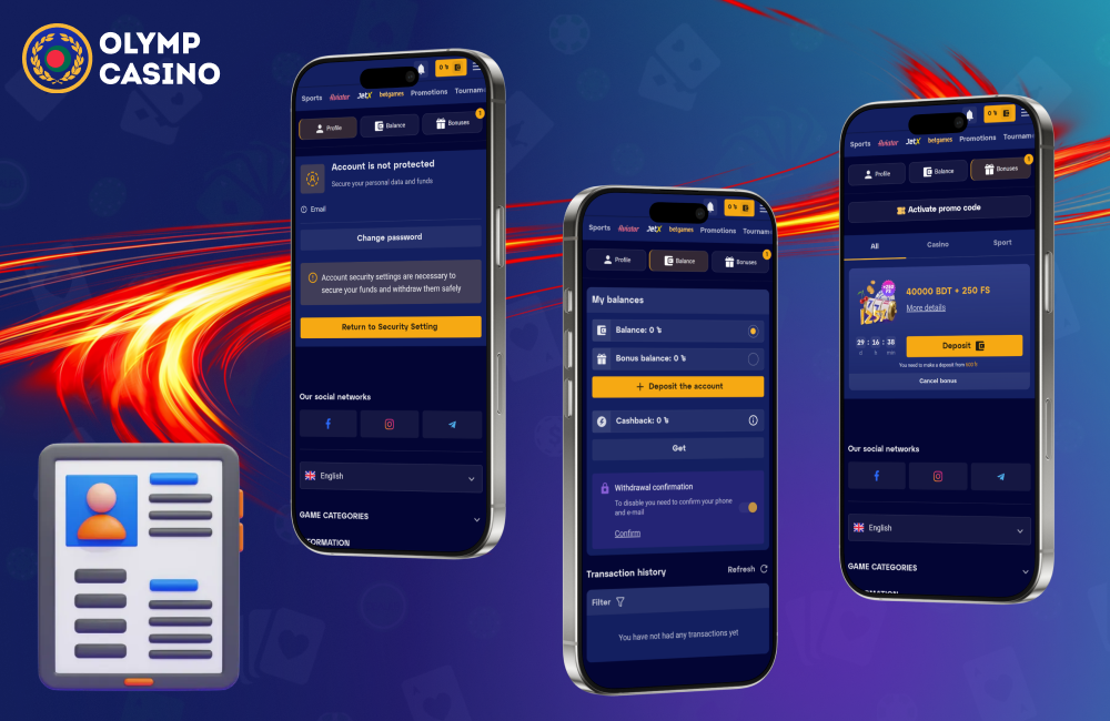 The Olymp Casino user profile includes sections on balance, betting history, bonuses and responsible gaming tools
