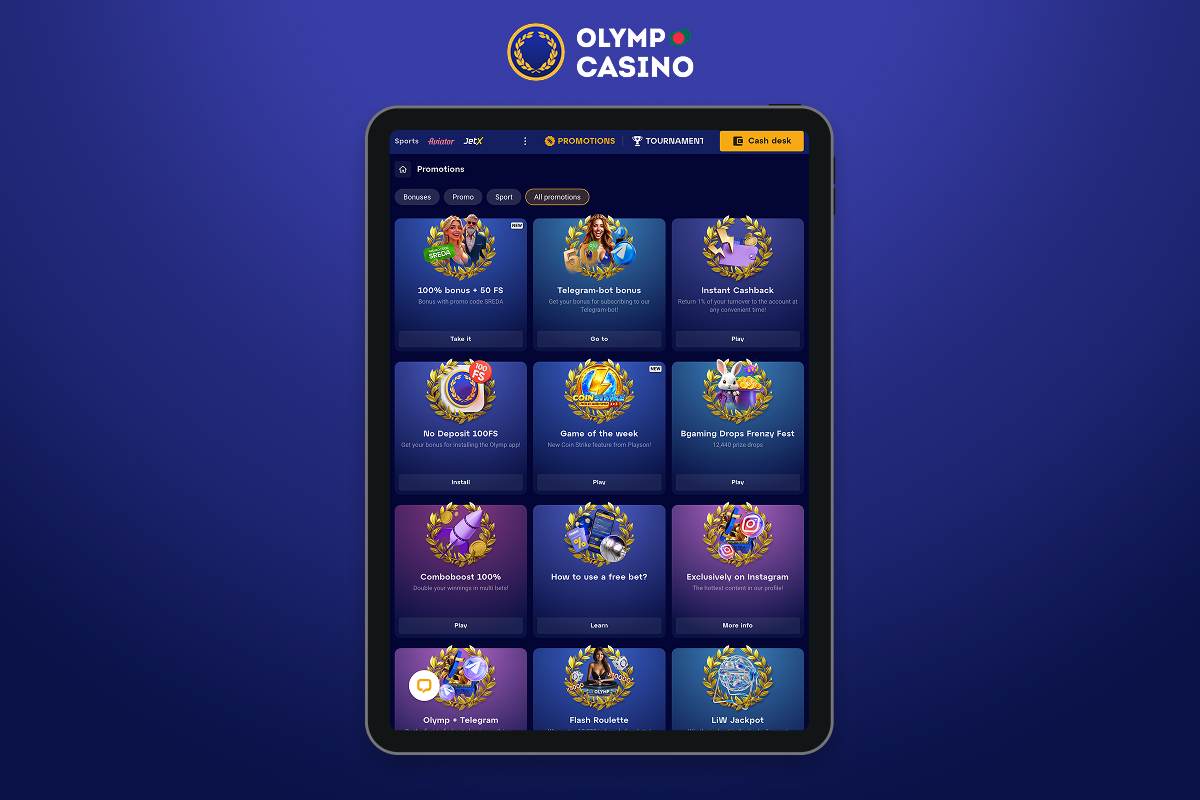 Olymp Casino Bangladesh app offers 100% welcome bonus, free spins, cashback, loyalty programme and other promotions